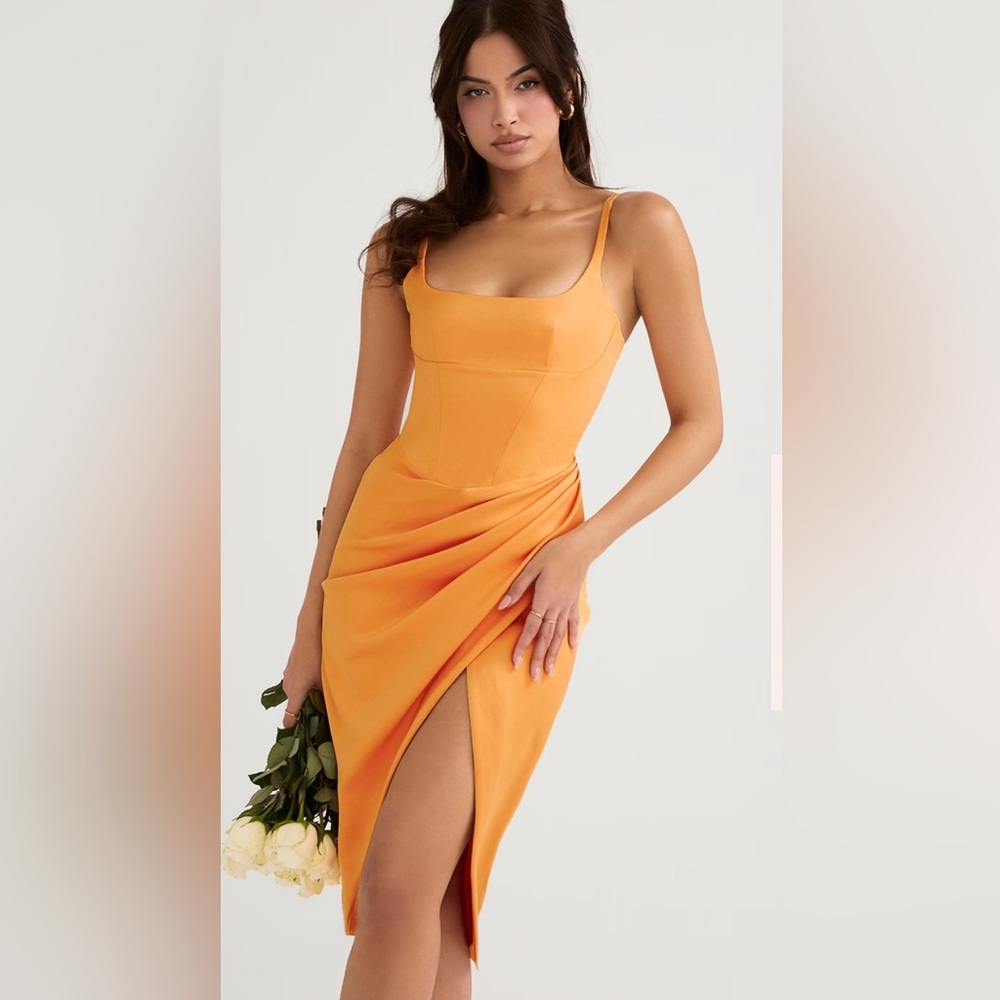 House of CB Bianca Tangerine Satin Pleated Corset Midi Dress NWT